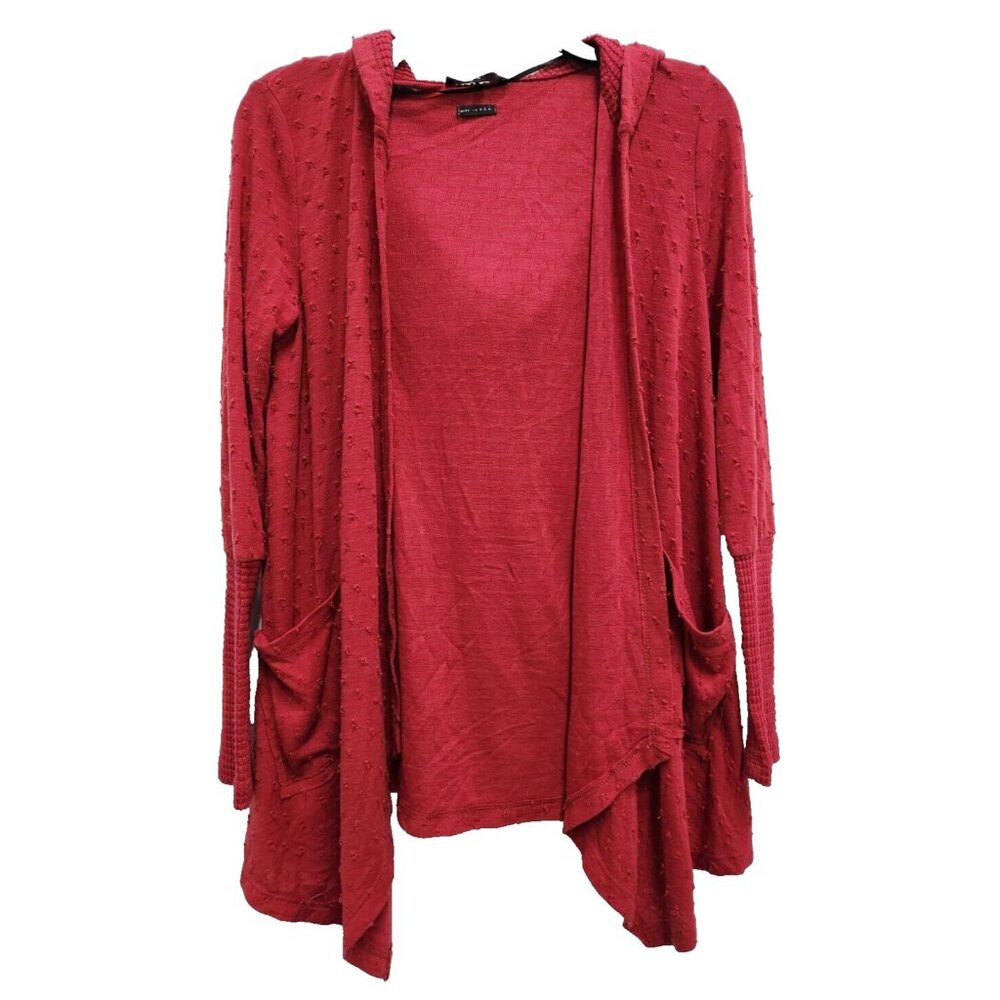 Miss Me Womens BOHO Cardigan Small Red Swiss Dot Hooded Cascading Open Casual
